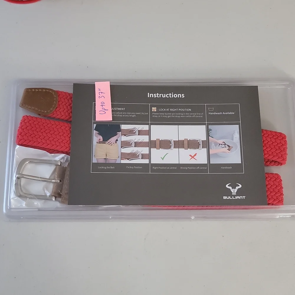 Bulliant Men's Braided Woven Stretch Belt Red Adjustable Expands up to 37